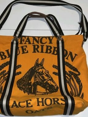 Rebecca Ray Canvas Blue Ribbon Oats Orange Tote Bag - American Couture Handbags
